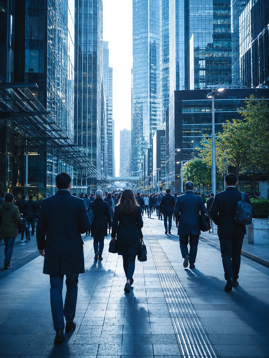 Personas caminando por una calle entre edificios de oficinas