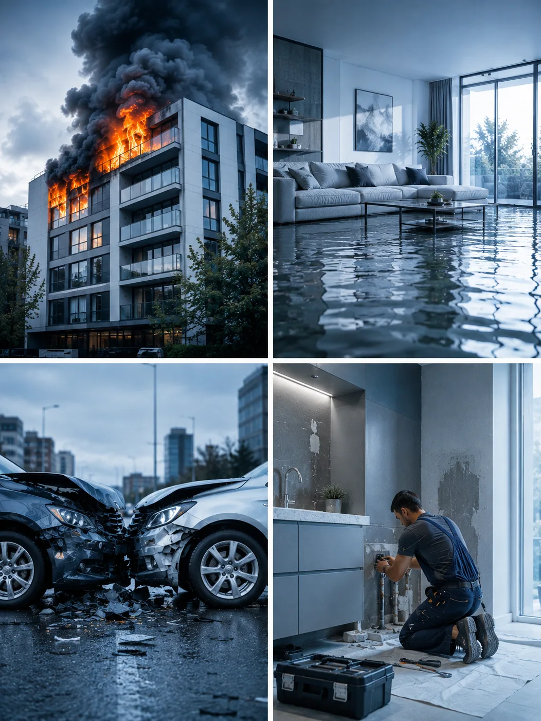 Collage de siniestros: incendio en un edificio, vivienda inundada, accidente de tráfico y reparación
